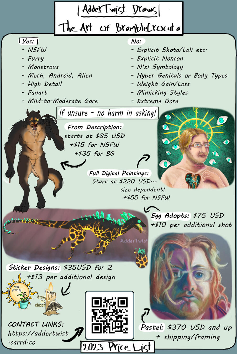 A price sheet for visual commissions.