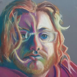 A soft pastel portrait of the artist, in exaggerated colours.